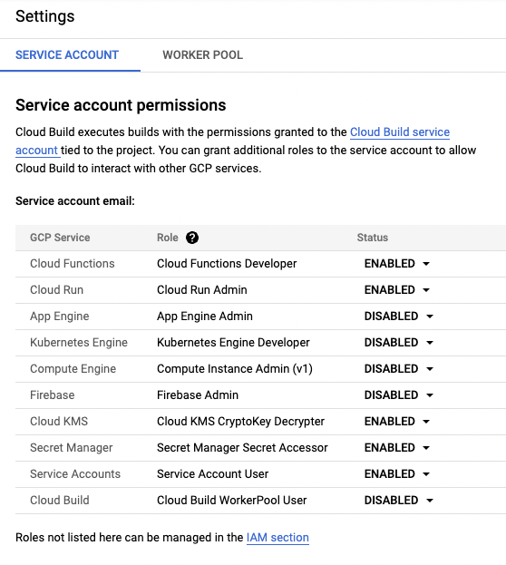 cloud build settings